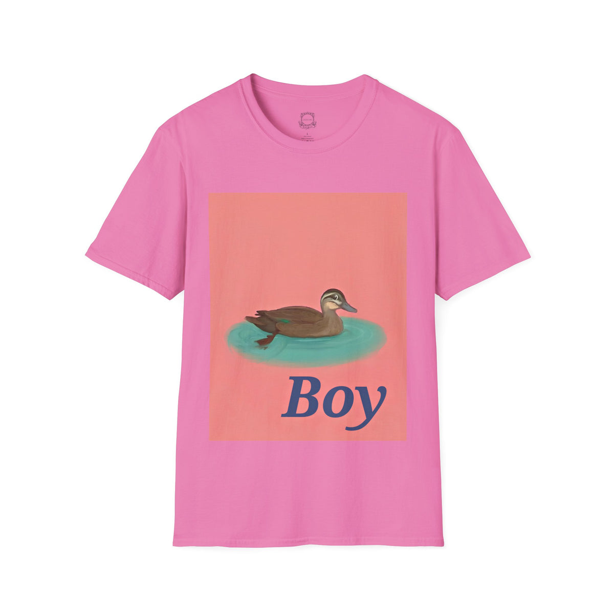 Pink crew-neck t-shirt with square duck-on-water graphic and 'Boy' text.