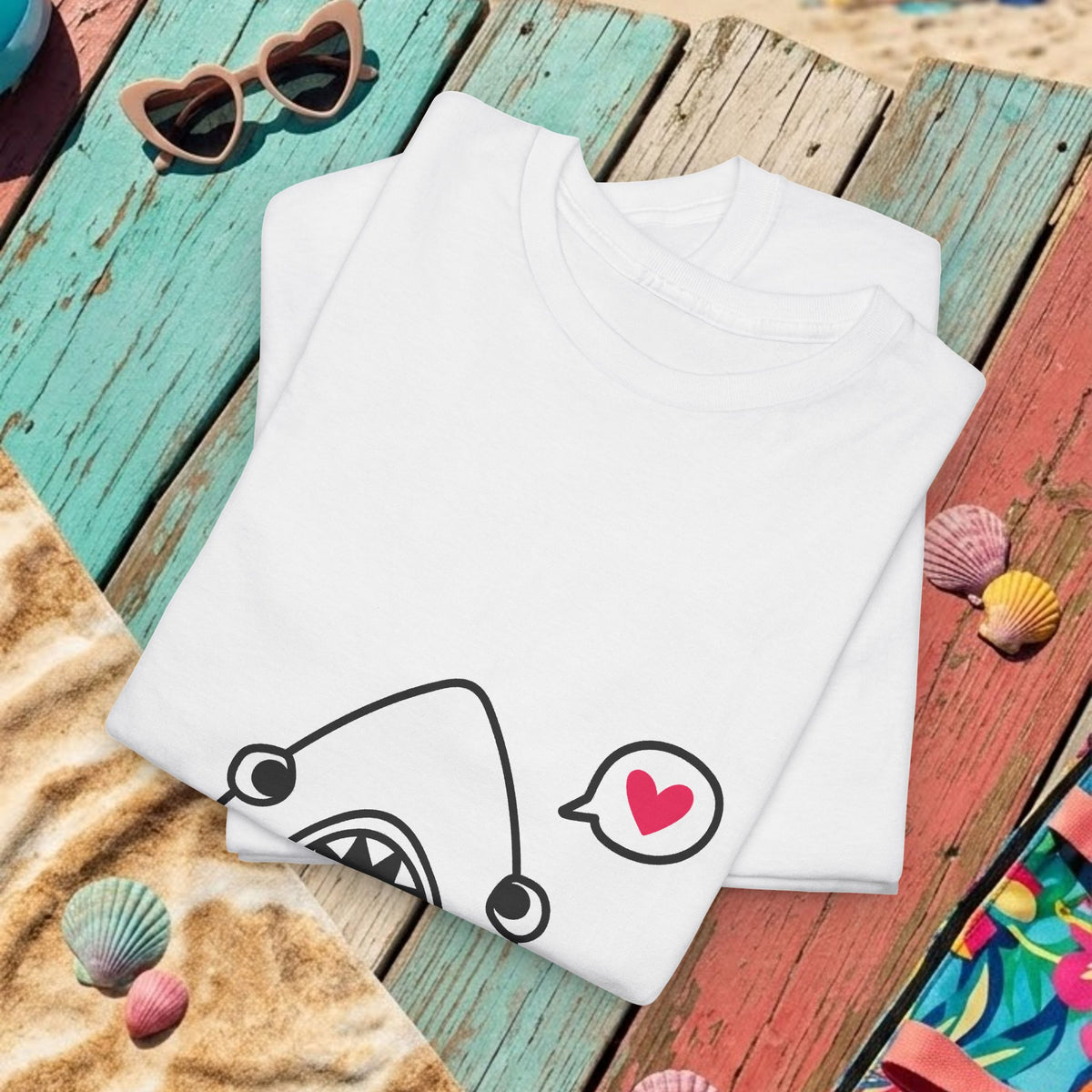 White T-shirt flat lay with shark icon and red "be mine" text