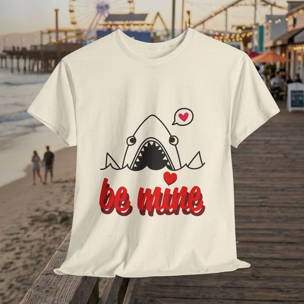 White T-shirt with shark illustration and red 'be mine' script with heart details.