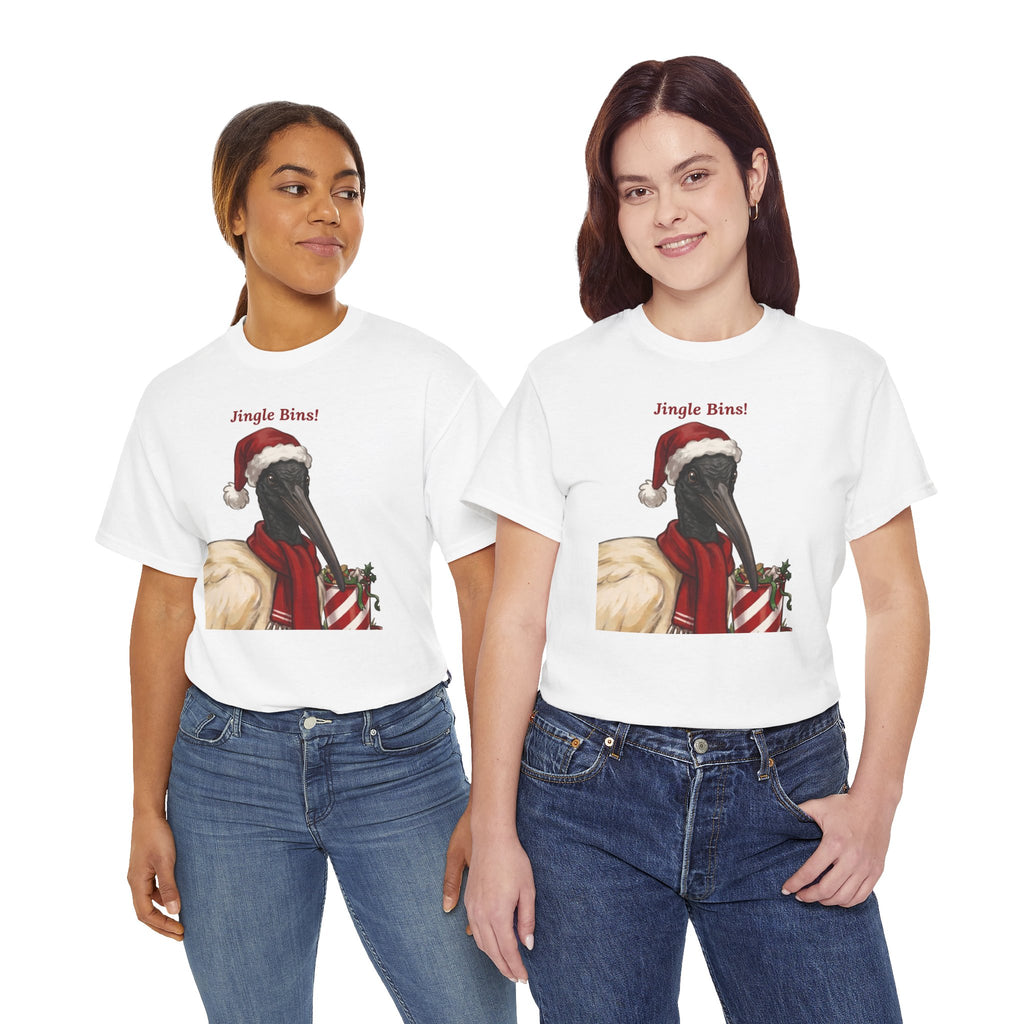 White graphic T-shirt with ibis in Santa hat and “Jingle Bins!” front print on two women.