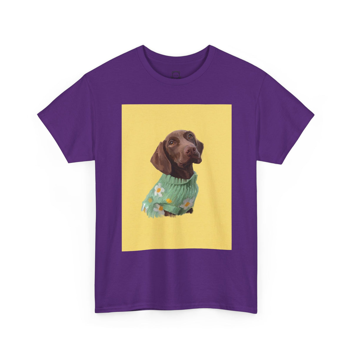 Purple crew-neck pet portrait T-shirt with dog artwork centered on the chest