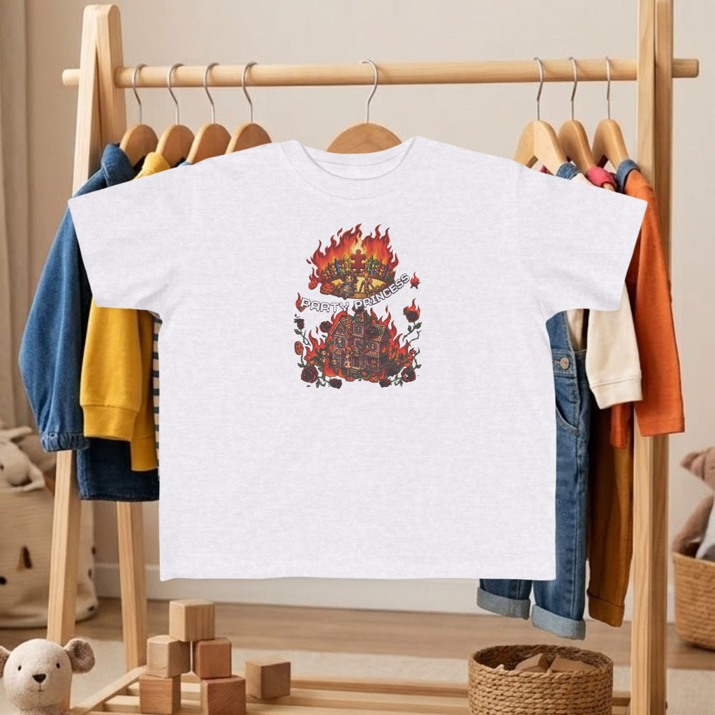 Toddler tee in white with colorful fire graphic centered on the chest