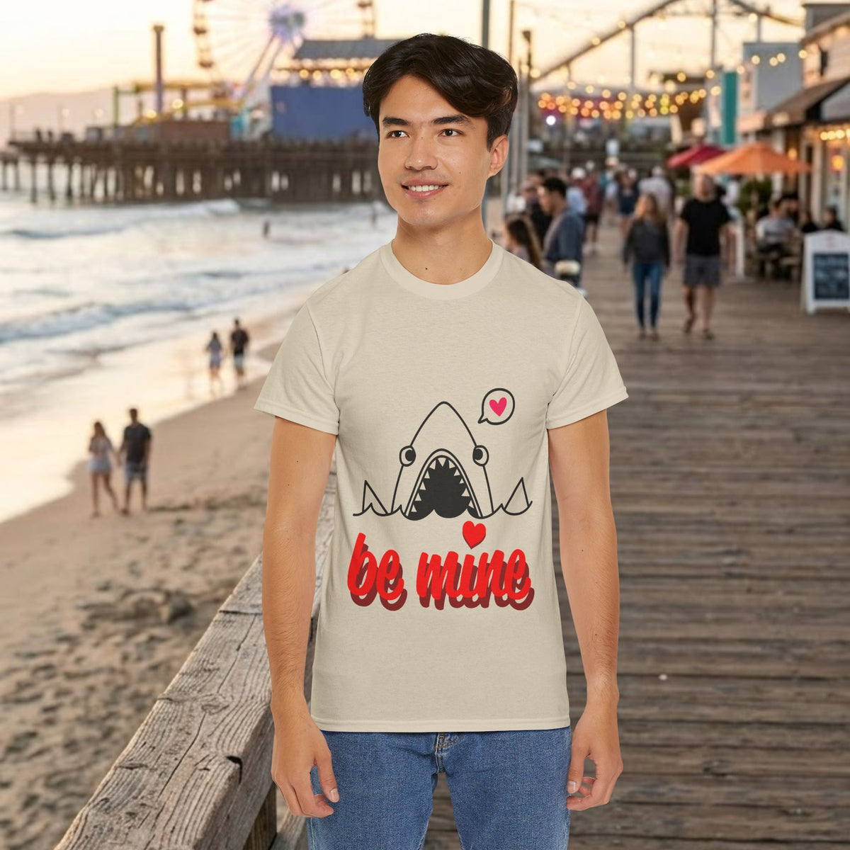 Natural T-shirt featuring shark illustration with hearts and red “be mine” lettering
