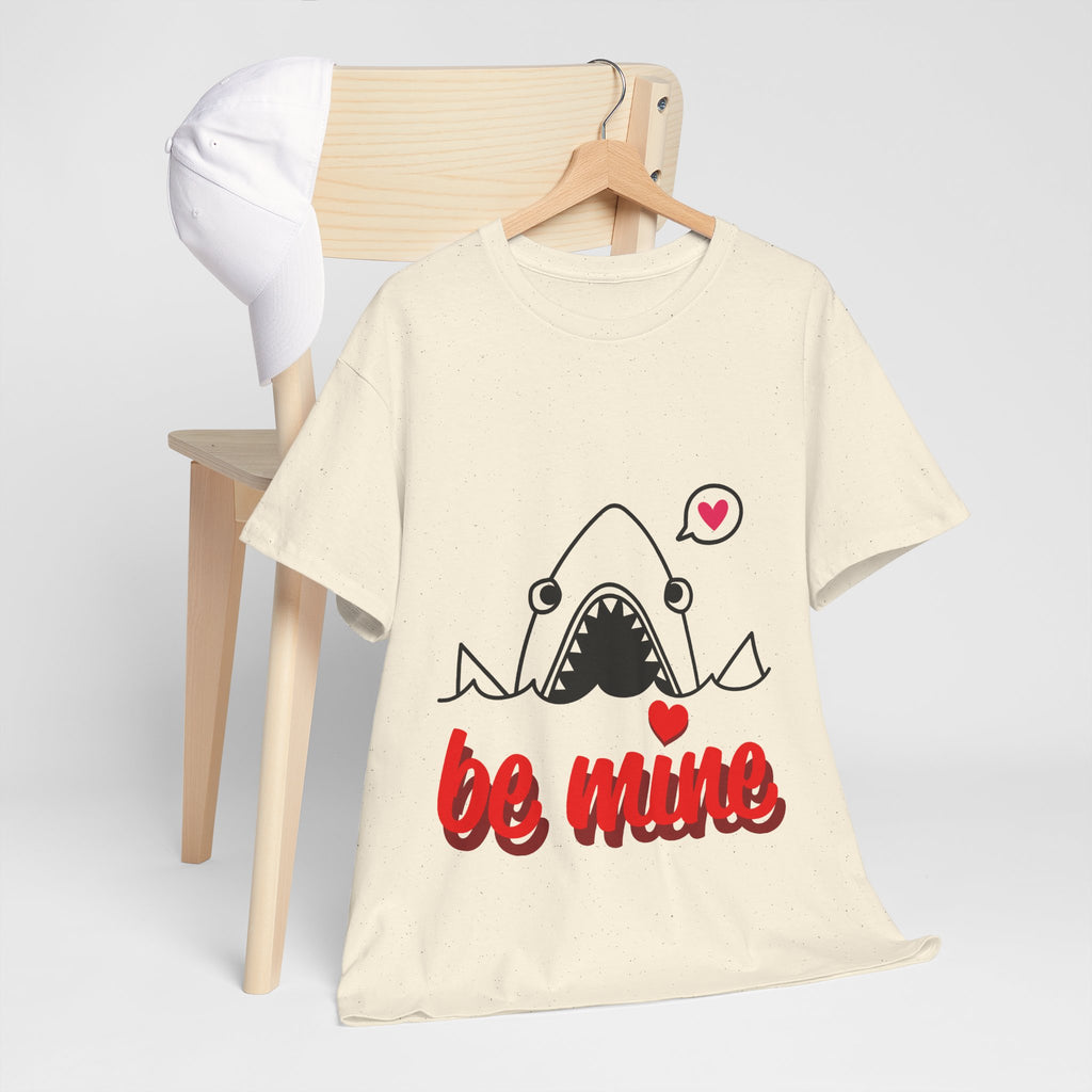 Natural off-white T-shirt with shark graphic and red 'be mine' lettering with hearts.