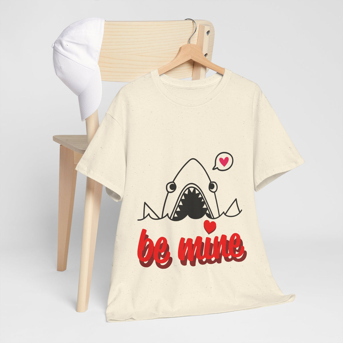 Natural off-white T-shirt with shark graphic and red 'be mine' lettering with hearts.