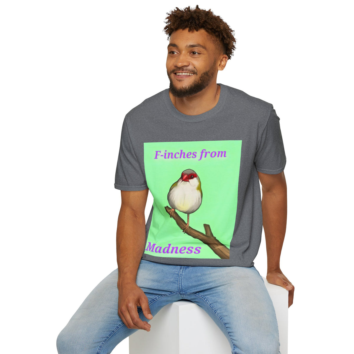 Heather gray t-shirt with green panel bird illustration graphic worn by a man