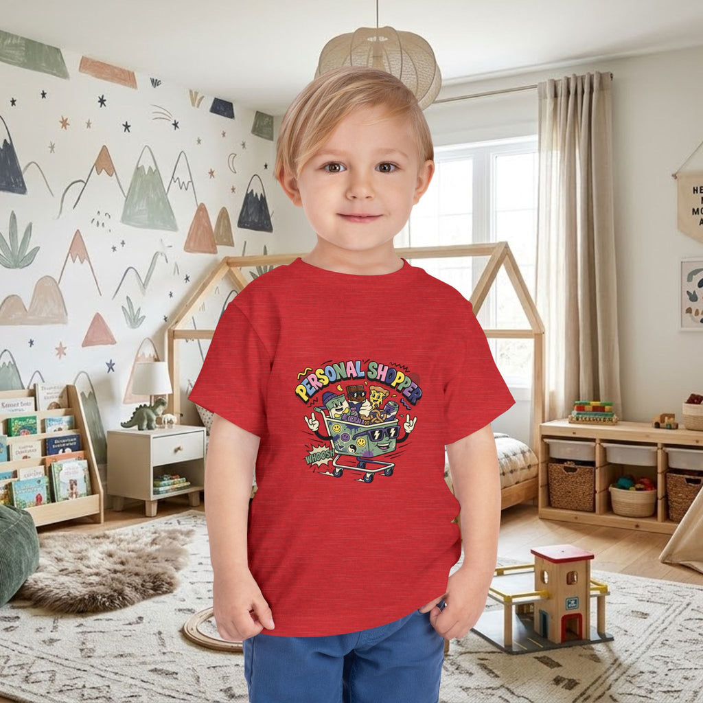 Red toddler T-shirt with colorful shopping cart graphic on the chest, crew neck