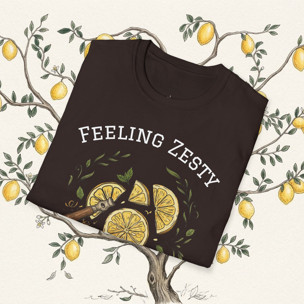 Dark brown lemon slice graphic tee with green leaves, short sleeves
