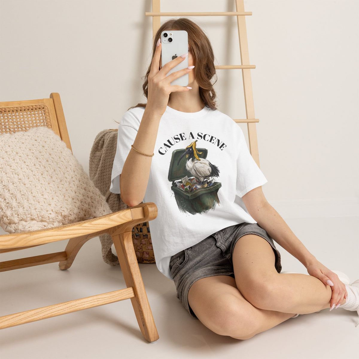 White crew-neck t-shirt with ibis “CAUSE A SCENE” trash can front print