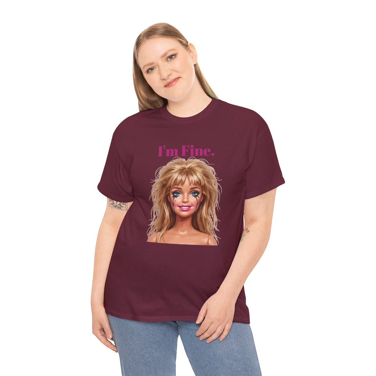 Maroon unisex graphic tee with 'I'm Fine.' text and distressed doll face print