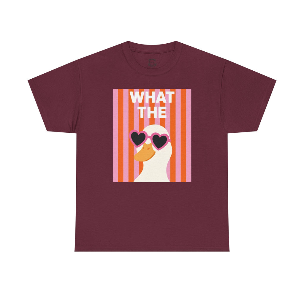 Maroon graphic T-shirt front view with retro heart sunglasses face