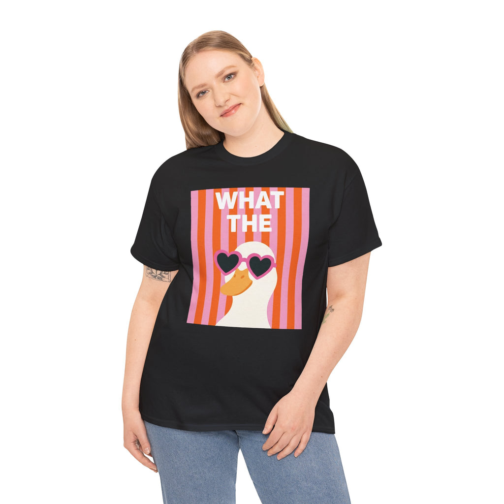 Black graphic tee with 'WHAT THE' heart sunglasses and striped face square front