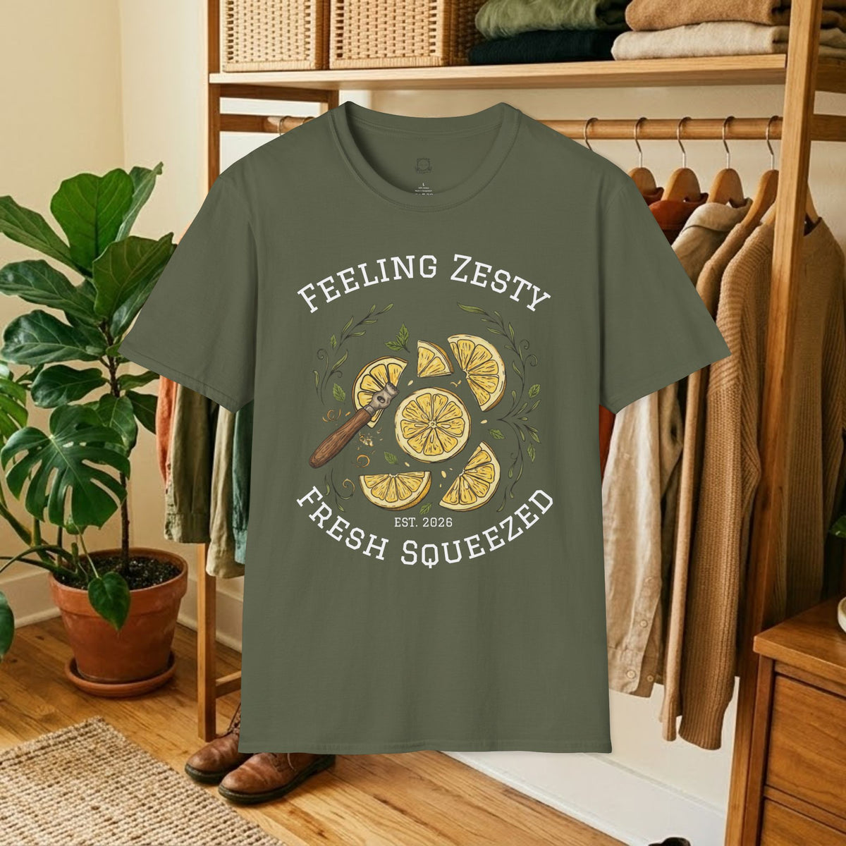 Citrus graphic tee in military green with lemon slice illustration and “Fresh Squeezed” text