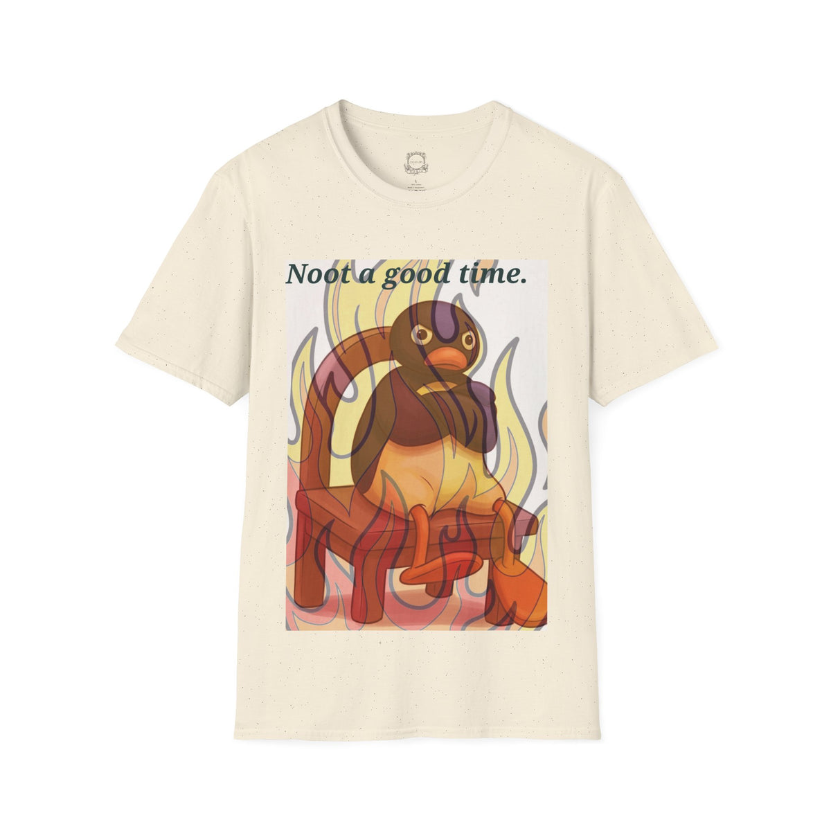 Natural crew-neck T-shirt with cartoon cat and flames graphic on front