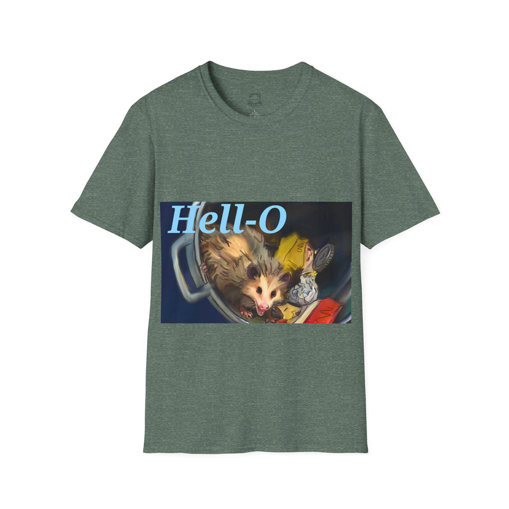 Heather green T-shirt with 'Hell-O' possum graphic on front