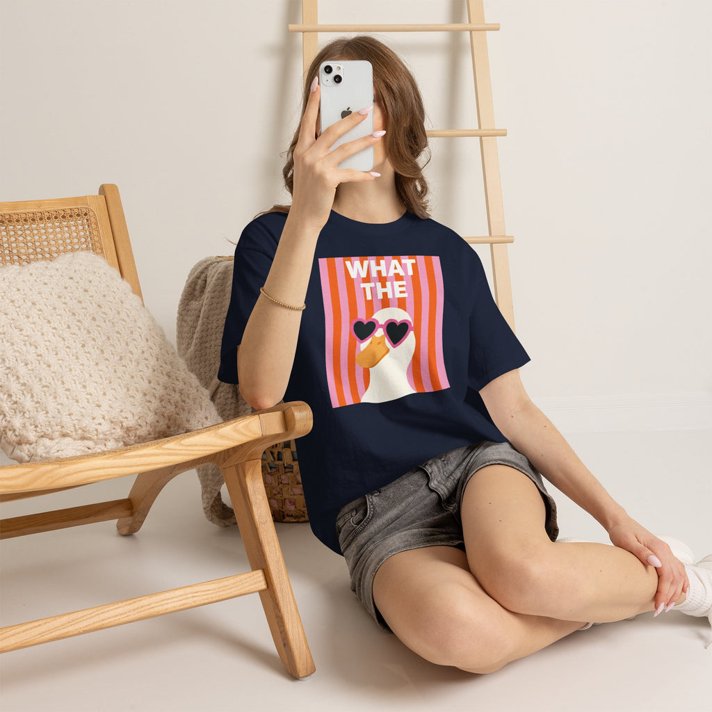 Navy unisex T-shirt with retro heart sunglasses face graphic