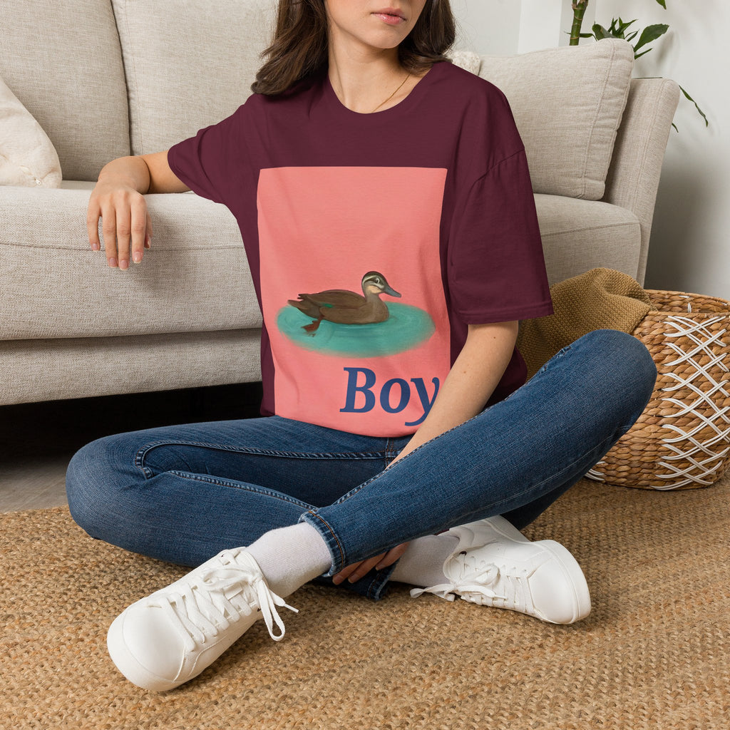 Burgundy crew-neck graphic t-shirt with duck-on-water scene and 'Boy' print.