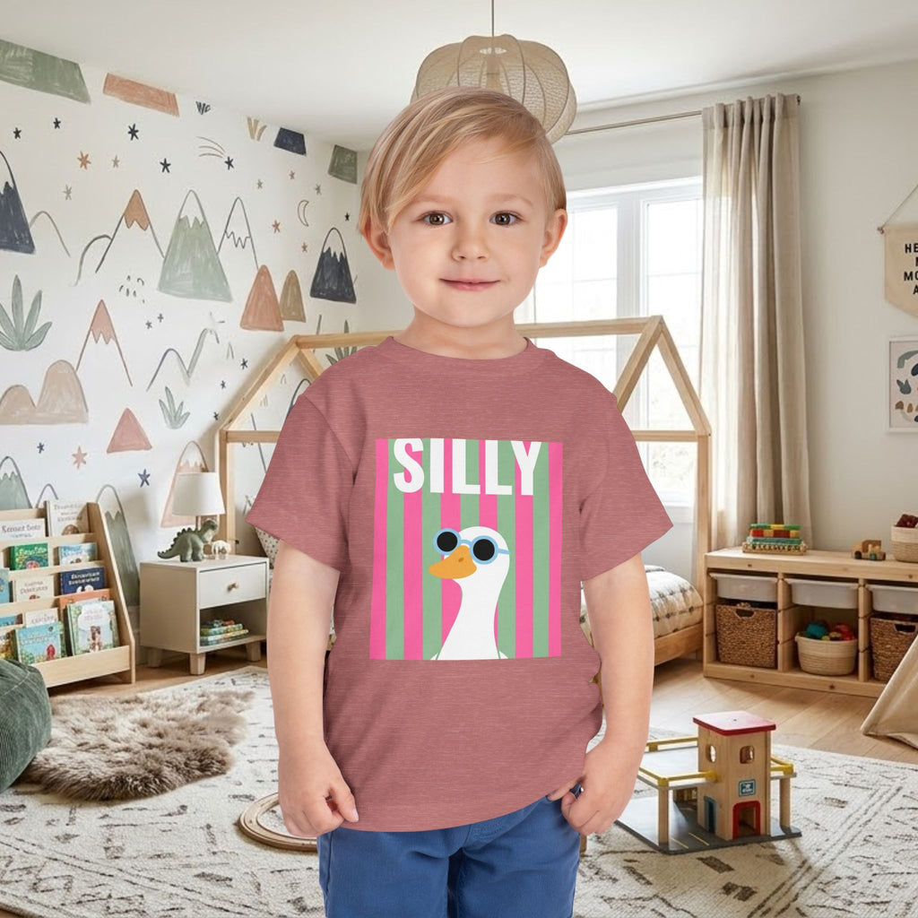 Toddler mauve graphic T-shirt with “SILLY” duck wearing sunglasses print