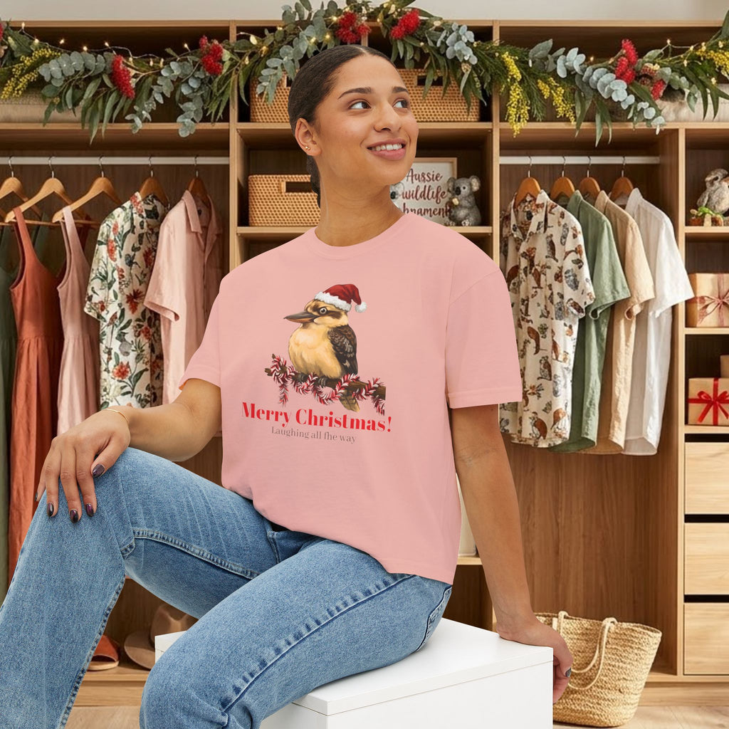 Pink Christmas t-shirt with kookaburra wearing Santa hat and red 'Merry Christmas' print