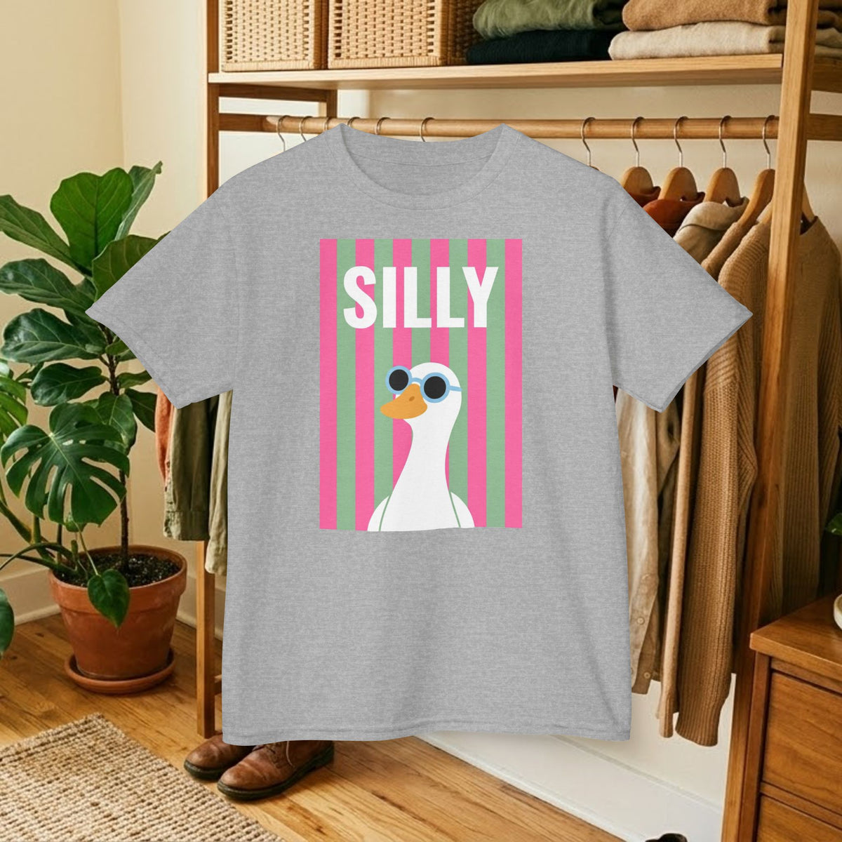 Sport grey kids T-shirt with SILLY duck graphic in pink striped panel
