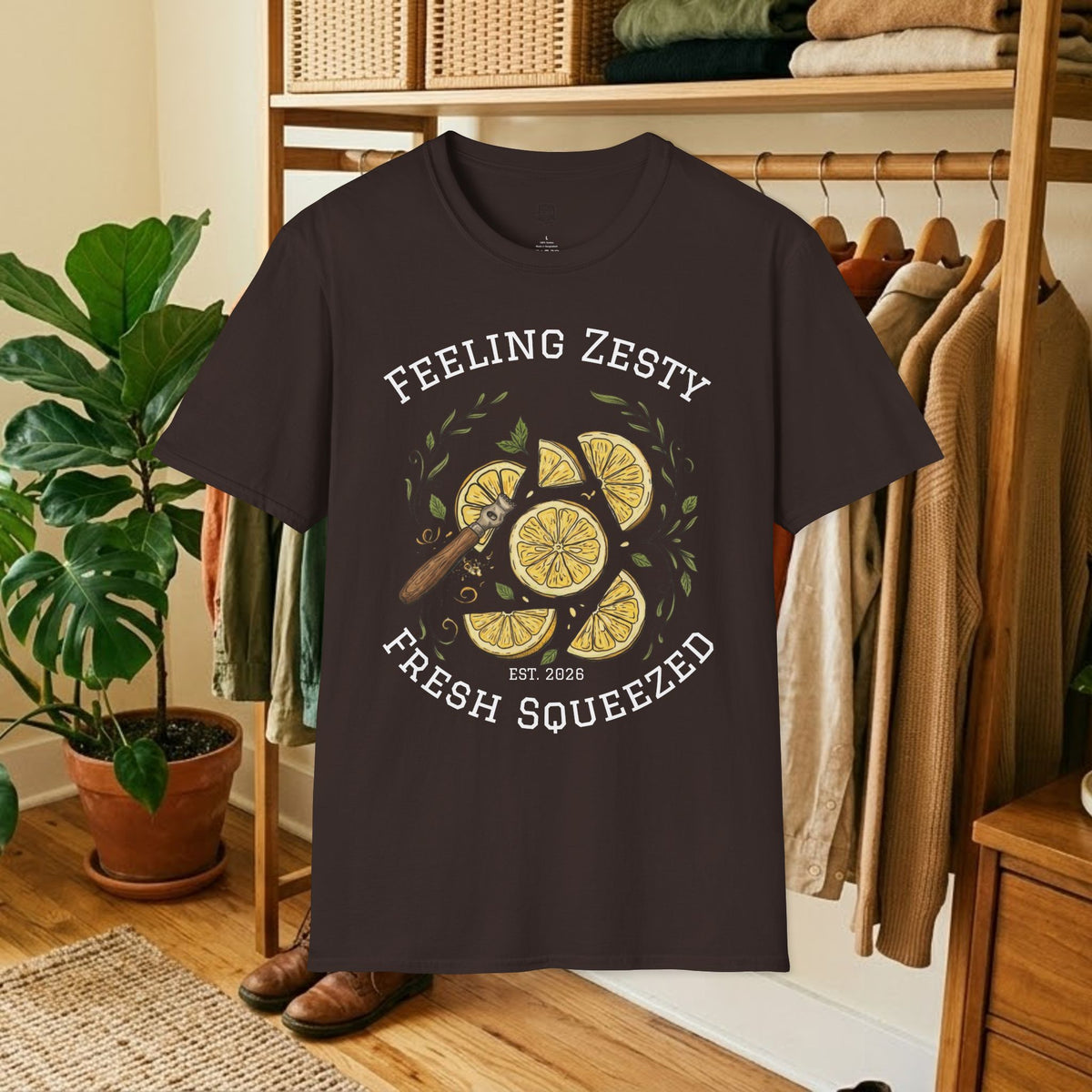 Citrus graphic tee in dark brown with lemon slice illustration and “Fresh Squeezed” text