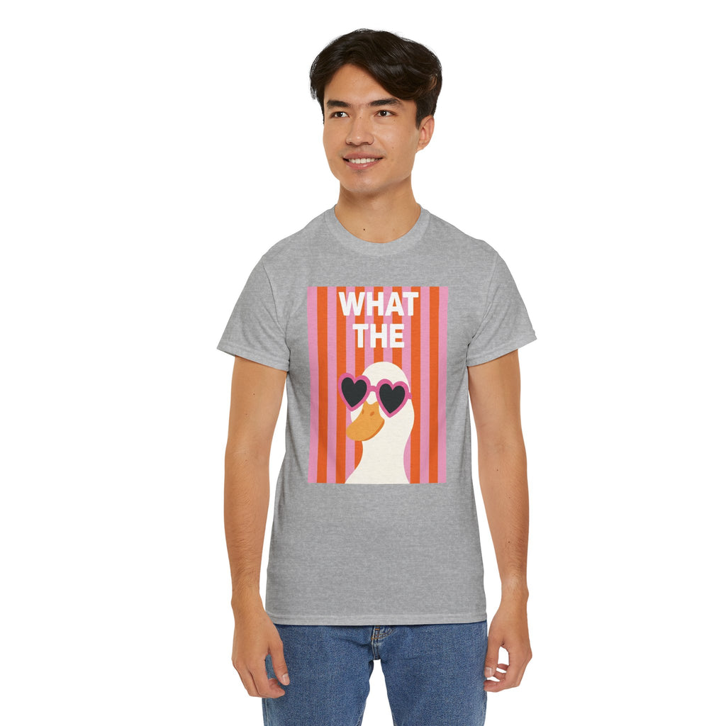 Heather gray T-shirt with duck heart sunglasses graphic, straight-on front