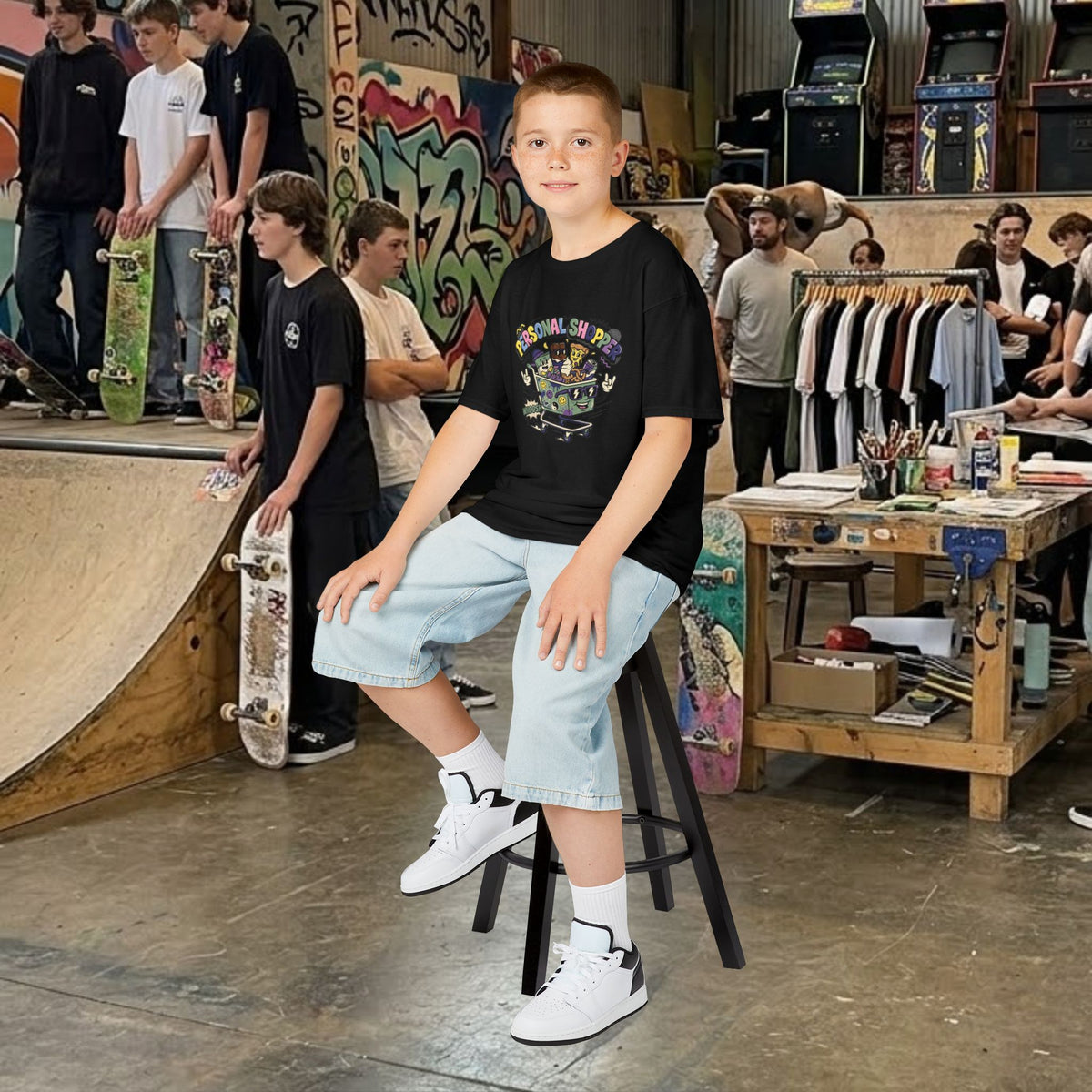 Black kids graphic tee with colorful personal shopper front graphic