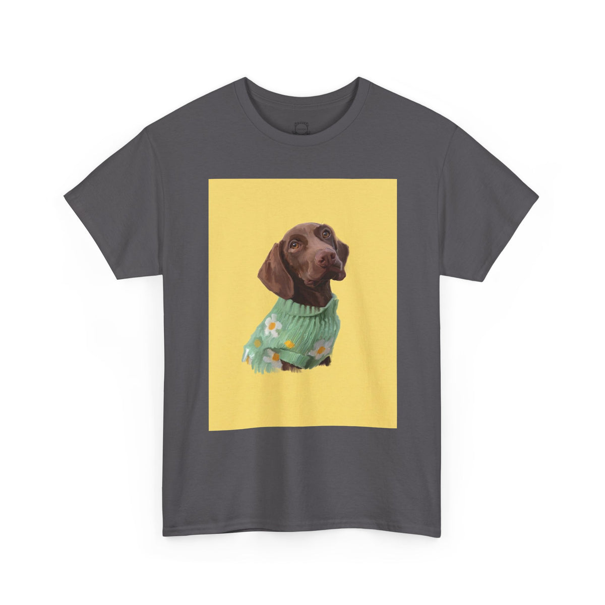 Charcoal pet t-shirt with dog portrait graphic in a yellow square panel