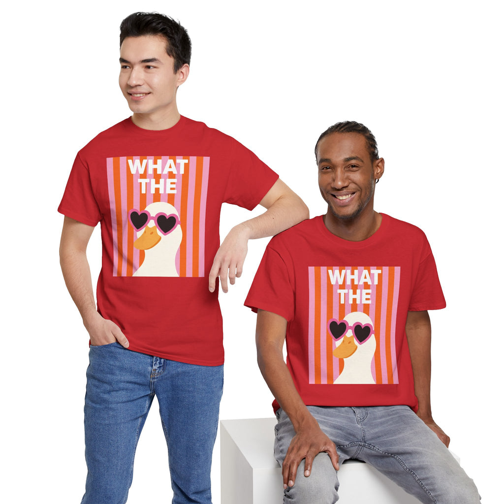Red cotton graphic tee with duck face and heart sunglasses; “WHAT THE” print detail