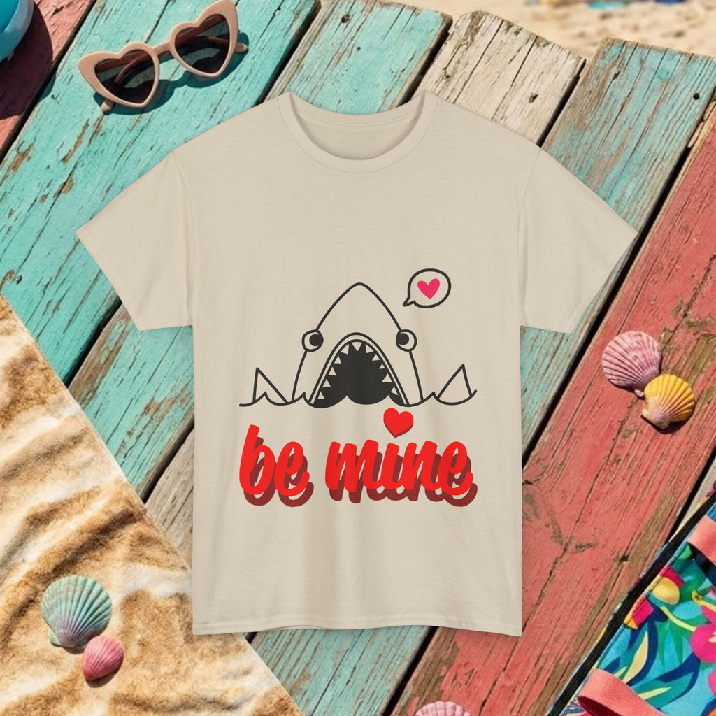 Natural/beige crewneck graphic T-shirt with shark and red “be mine” lettering