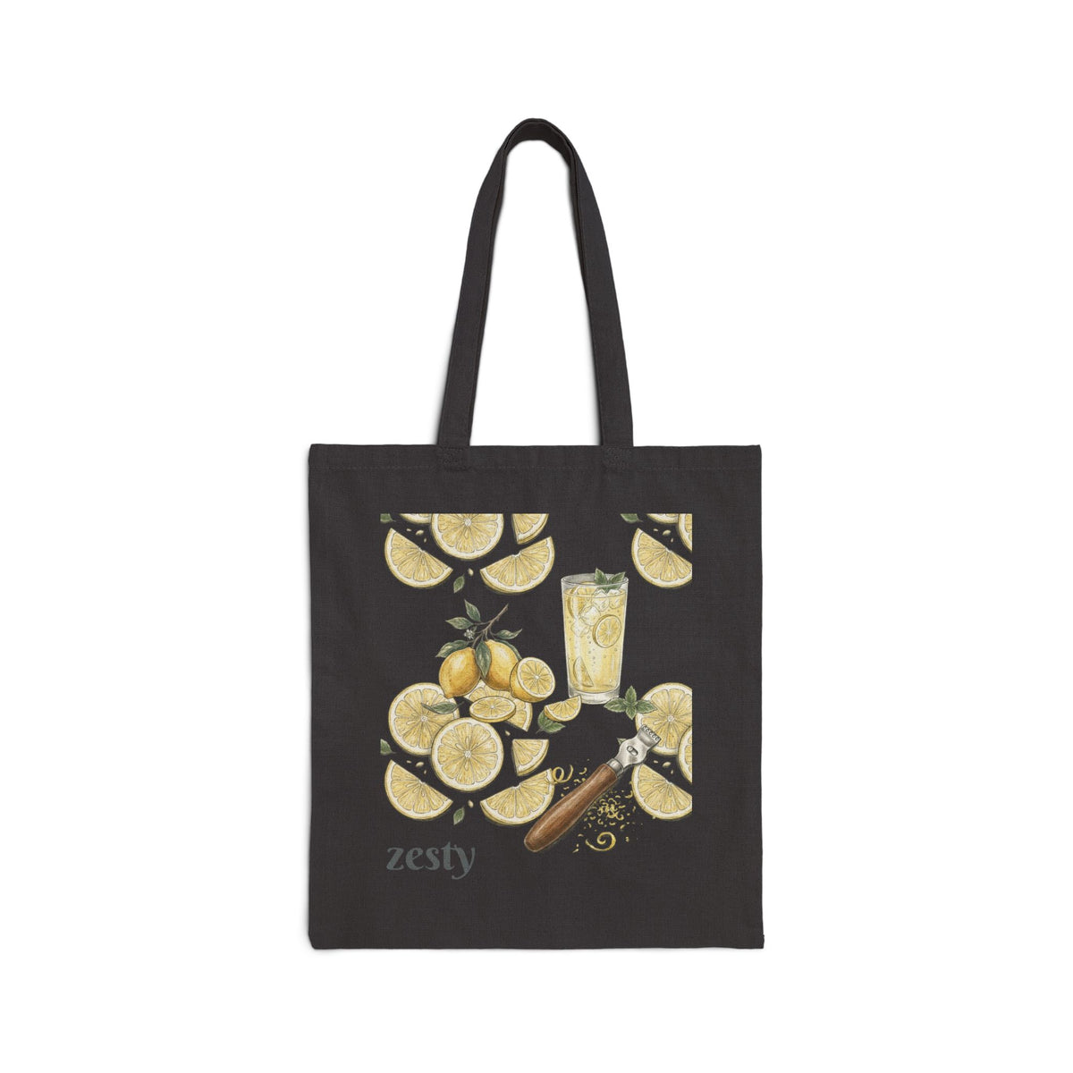 Black canvas tote bag with zesty lemon citrus drink illustration and top handles