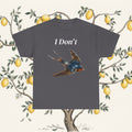 Sport grey T-shirt with 'I Don't' text and swallow bird illustration.