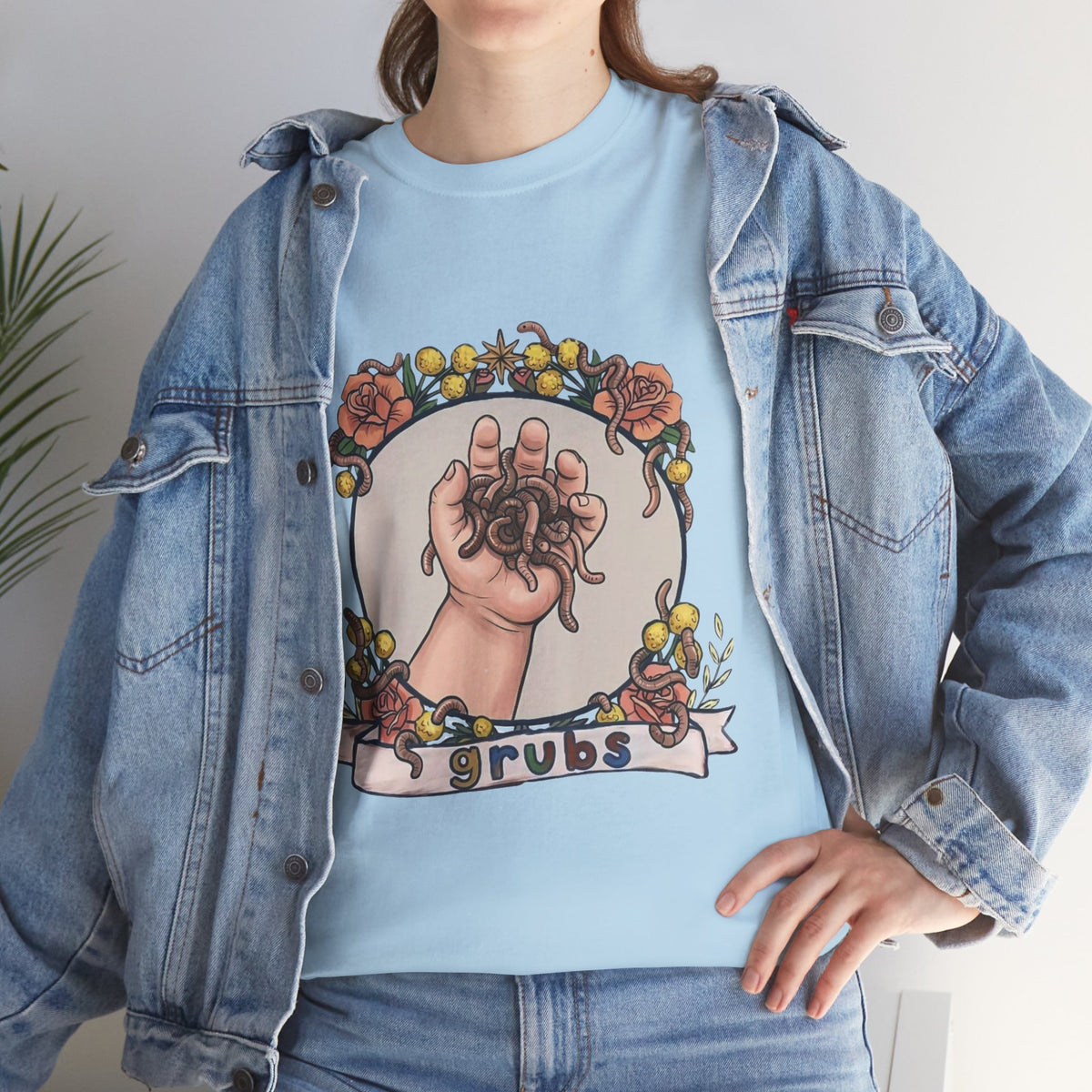 Light blue short-sleeve t-shirt with moon cat tarot hands graphic on the front