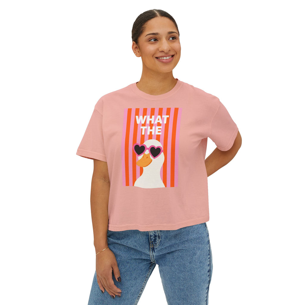 Women's pink boxy crop T-shirt with duck graphic on the front