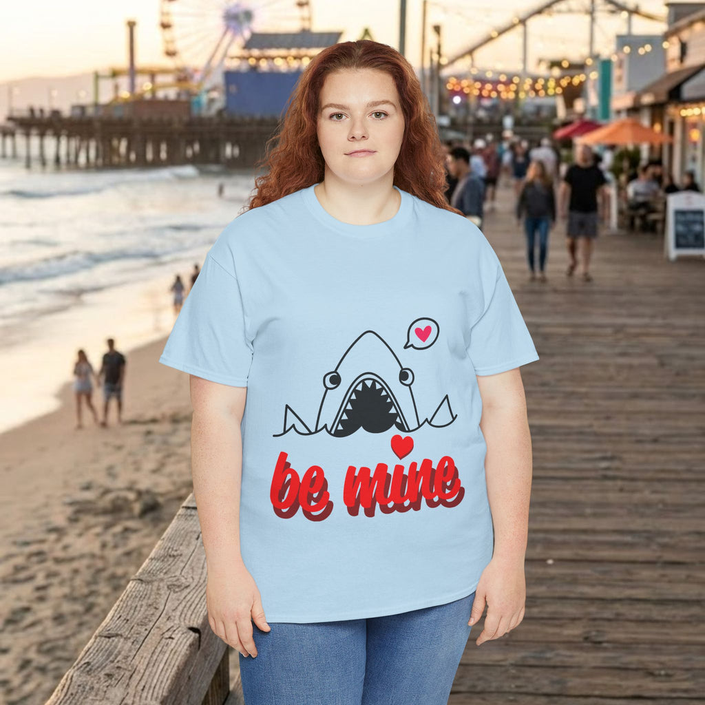 Light blue T-shirt with cartoon shark, red "be mine" text, and heart icons