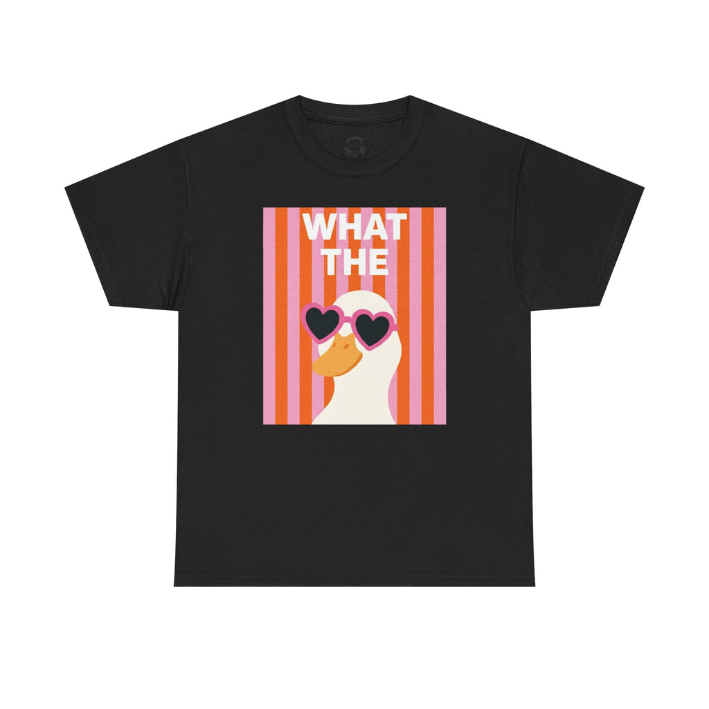 Black crewneck T-shirt with colorful “WHAT THE” duck graphic and heart sunglasses