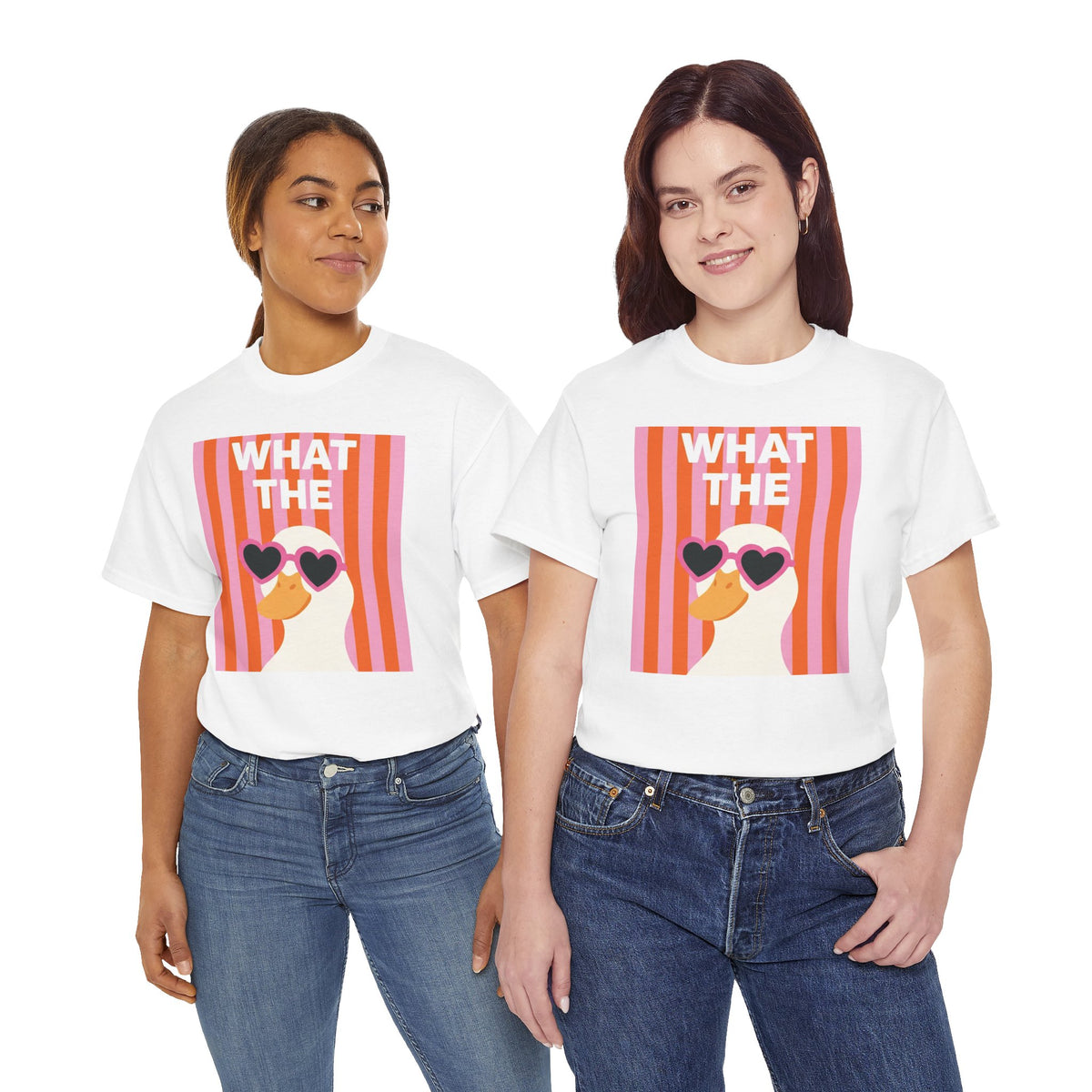 White crew-neck graphic T-shirt with retro heart sunglasses print, front view on two models