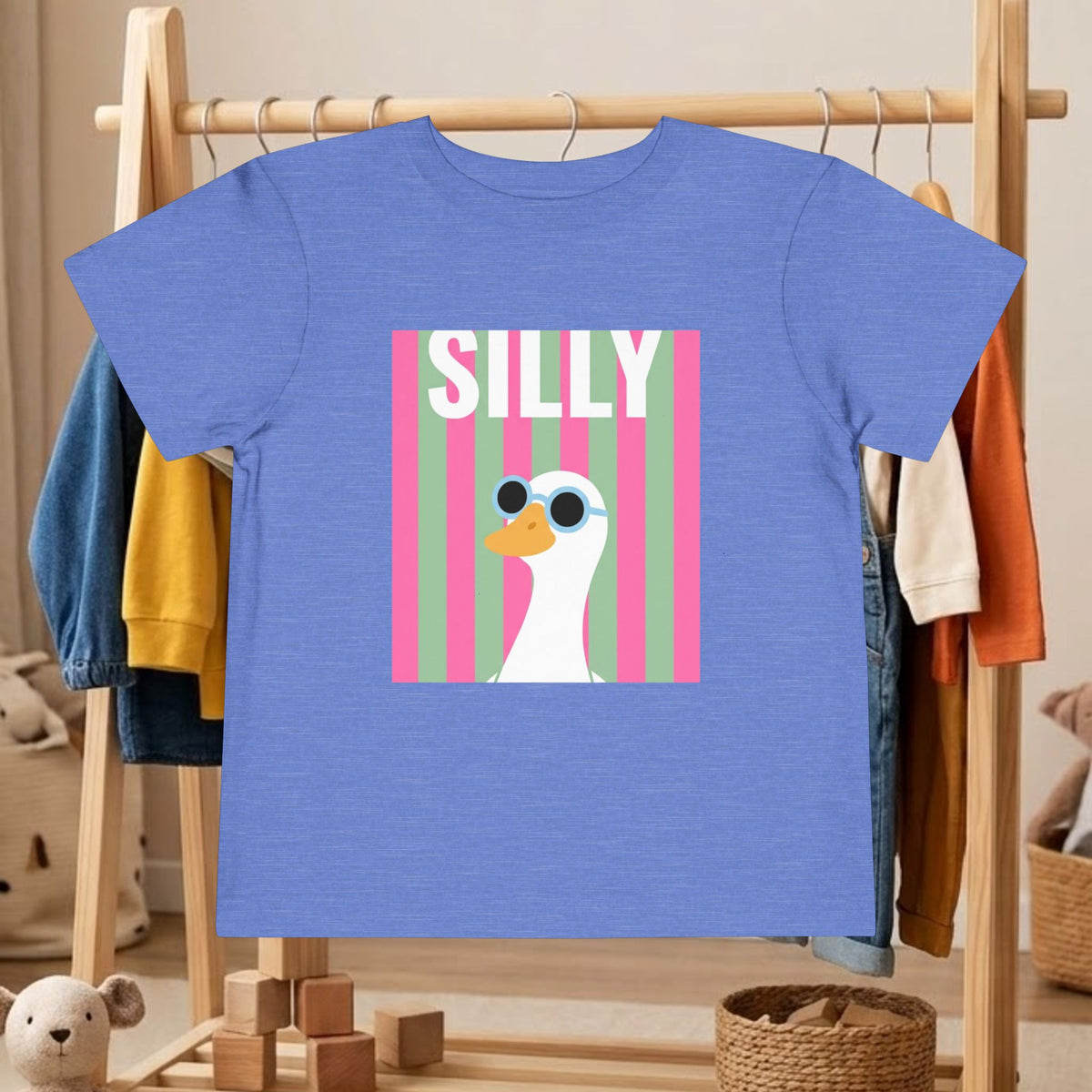 Toddler blue tee with “SILLY” and duck wearing sunglasses graphic