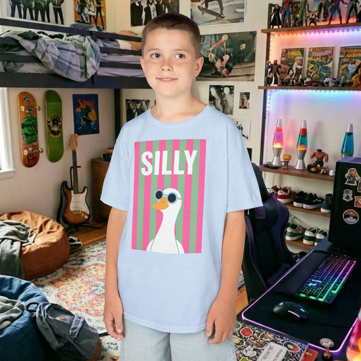 Kids light blue t-shirt featuring a “SILLY” duck graphic on the front