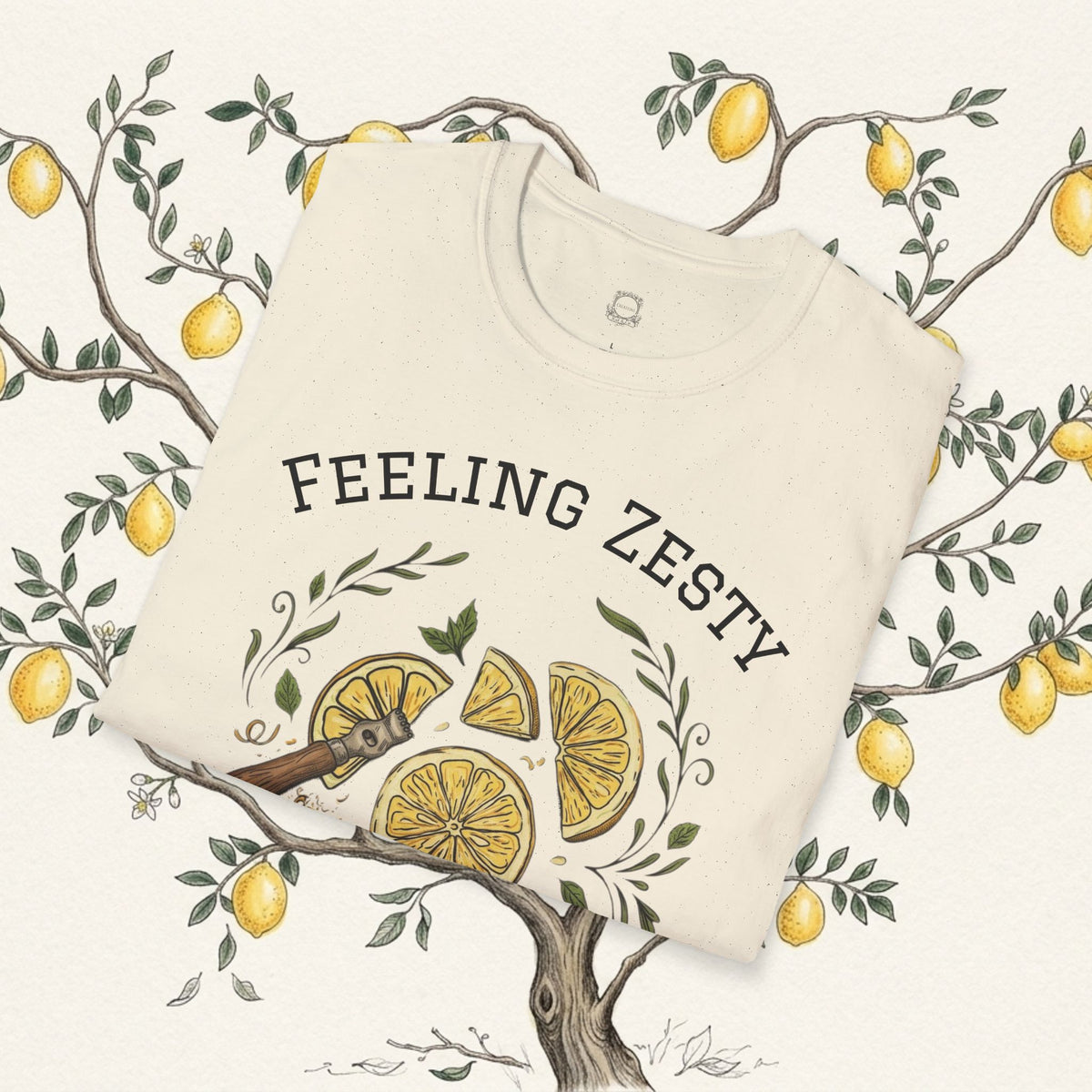Cream short-sleeve tee with “Feeling Zesty” and lemon slice illustration