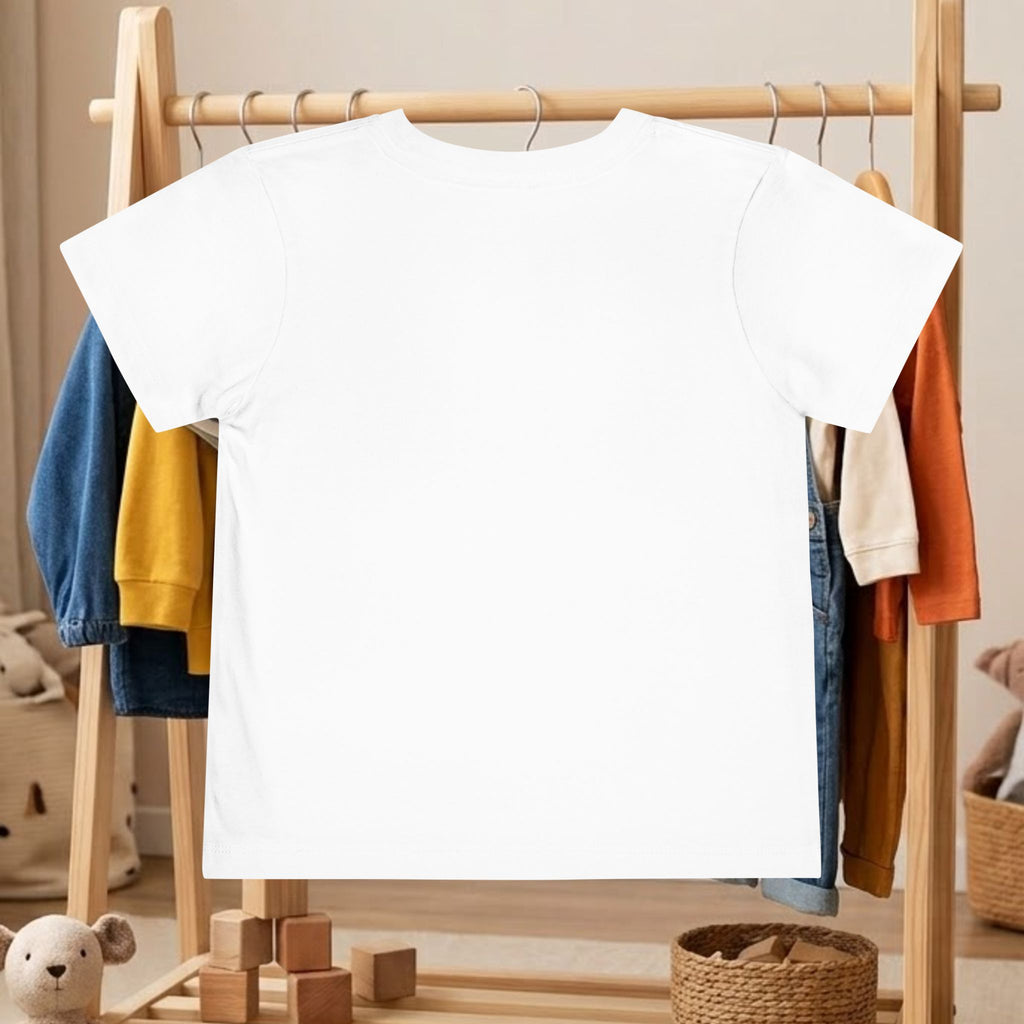 White toddler crew-neck tee, plain back view on hanger