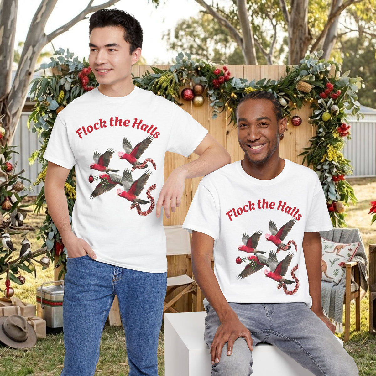 White crew-neck T-shirt with red “Flock the Halls” text and cardinal bird graphic