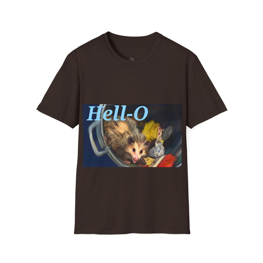 Dark brown T-shirt with 'Hell-O' possum graphic on front