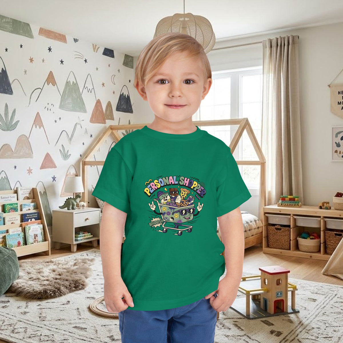Toddler green graphic t-shirt with “Personal Shopper” shopping cart artwork