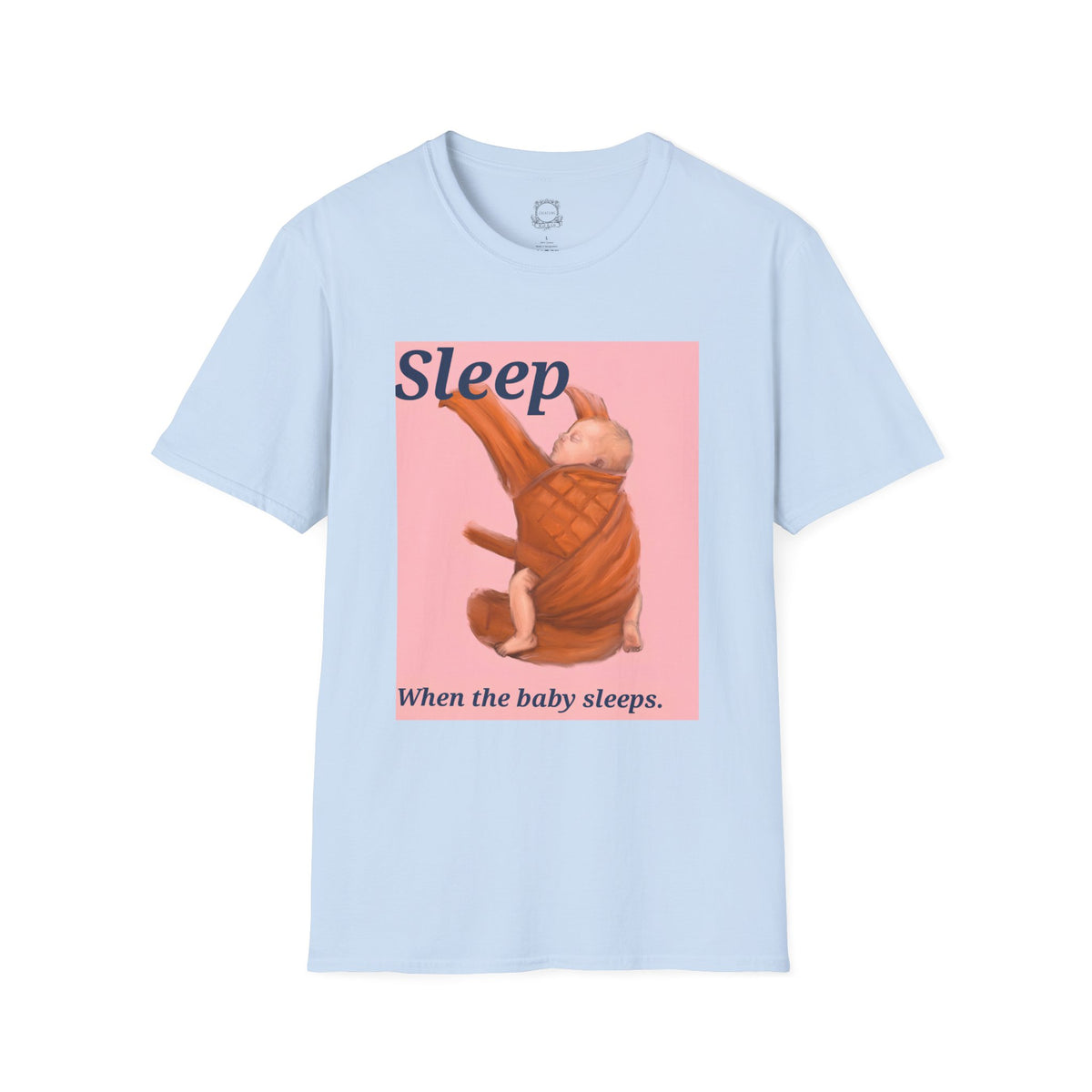 Light blue baby graphic t-shirt with 'Sleep' sleeping infant illustration on pink panel