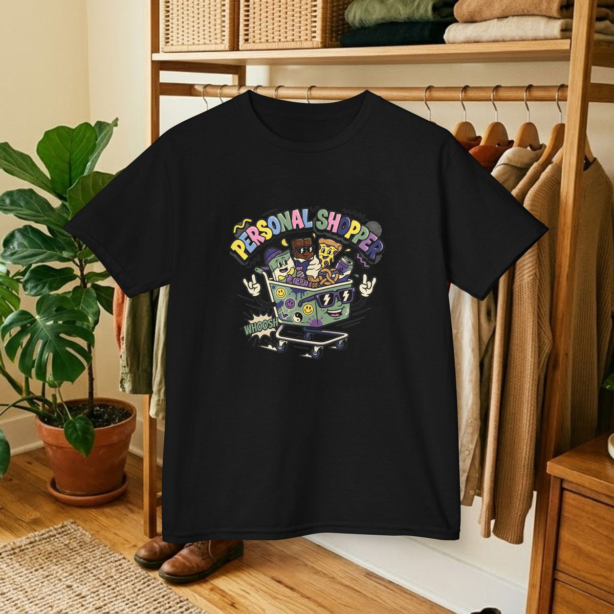Black kids graphic tee with colorful personal shopper front print