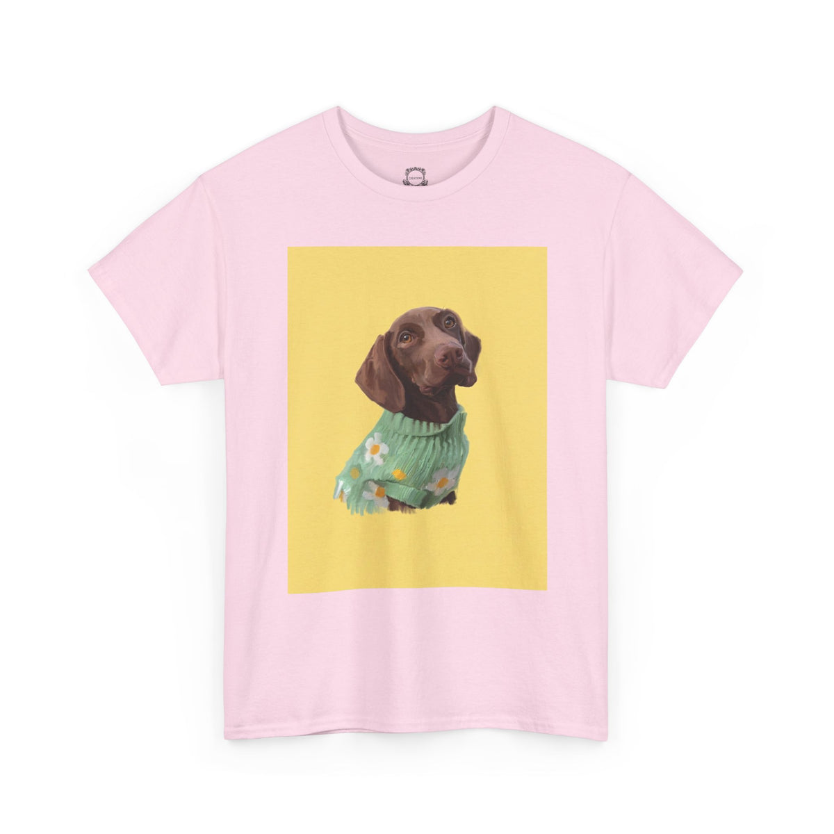 Light pink crew-neck pet portrait T-shirt with dog artwork centered on the chest