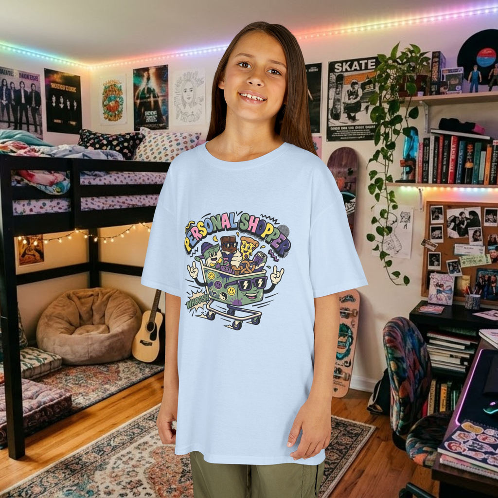 Kids light blue graphic tee with “Personal Shopper” cartoon print, front