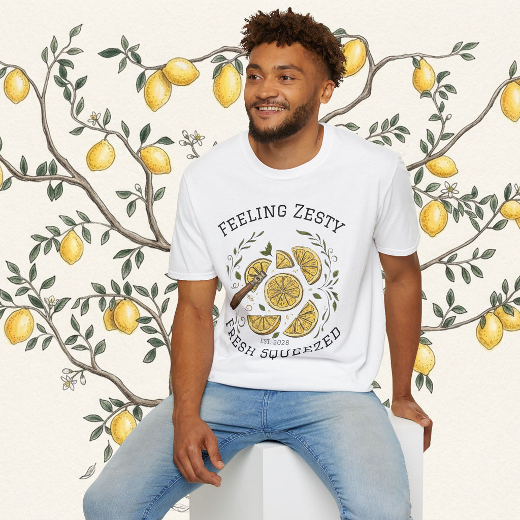White crewneck graphic tee with lemon slice print and zesty wording