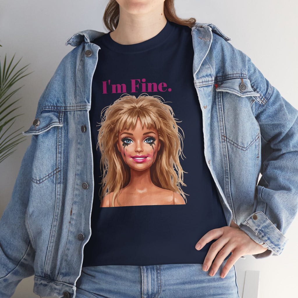 Navy crewneck T-shirt with doll face graphic and “I’m Fine.” text under denim jacket